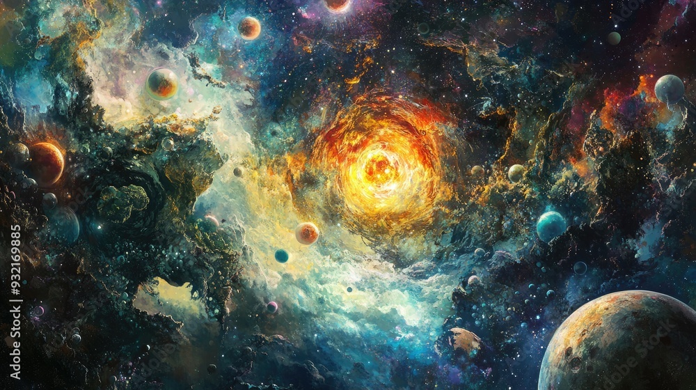 Poster abstract design featuring forms and planets related to science depicting an explosion of stars in sp