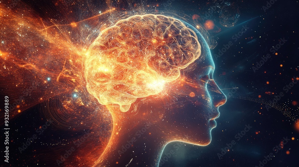 Poster abstract design featuring human head outlines illuminated elements and fractals symbolizing themes o