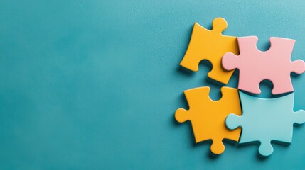 Obraz premium Colorful puzzle pieces arranged on a blue surface, symbolizing creativity, problem-solving, and teamwork.
