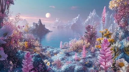 Dream core iridescent Escapism aesthetic background. Fairy core 3d render. Abstract surreal landscape with mountains, sea, sparkling  flowers, moon and stars. Panoramic seascape wallpaper.