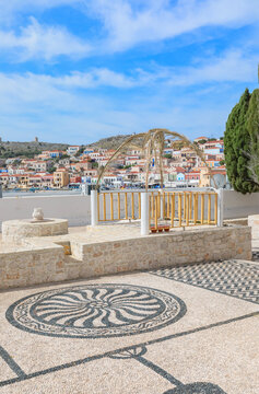 Pavement mosaics outside Saint Nicholas church, Halki Island, Dodecanese Islands, Greek Islands, Greece
