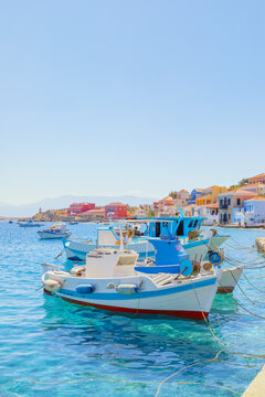 Fishing boats, Emporio harbour, Halki Island, Dodecanese Islands, Greek Islands, Greece