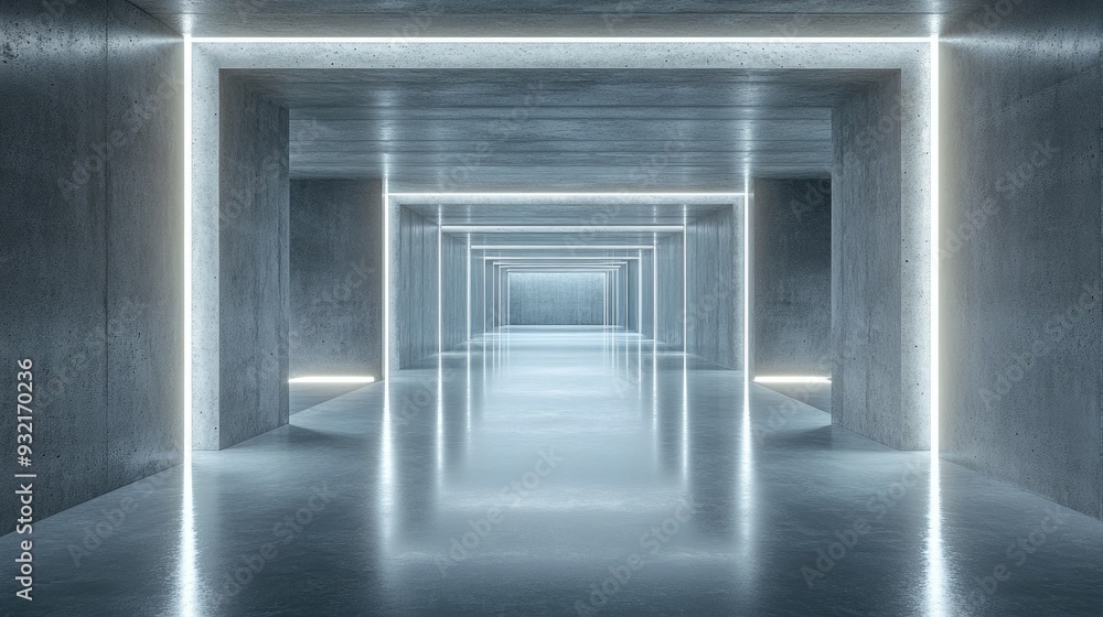 Aufkleber abstract futuristic showroom featuring an empty floor and sci fi corridor illuminated for product di