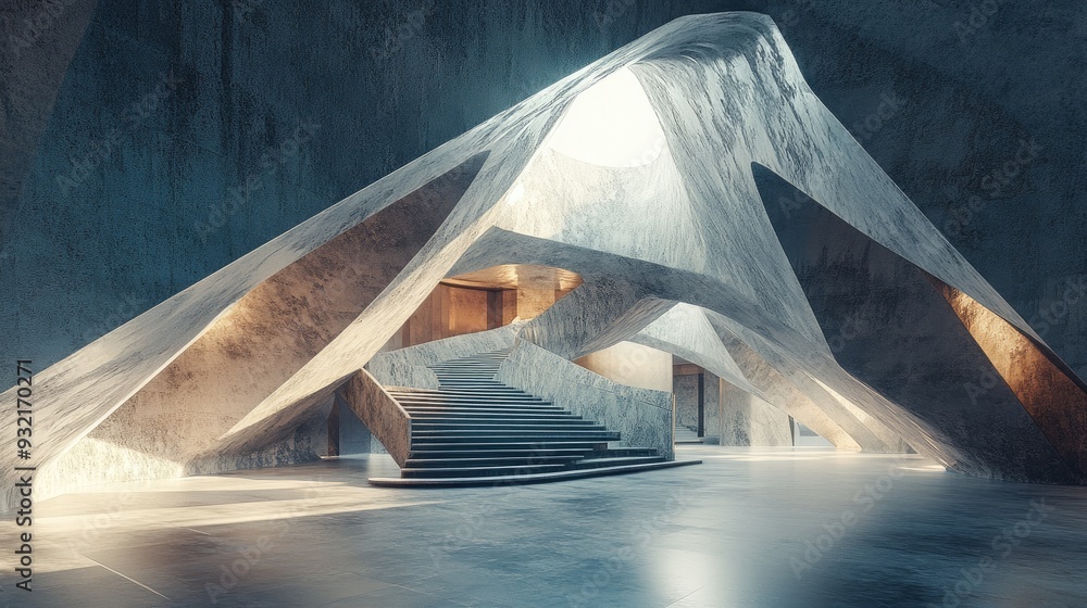 Poster abstract geometric design of an interior space created through 3d rendering and illustration techniq