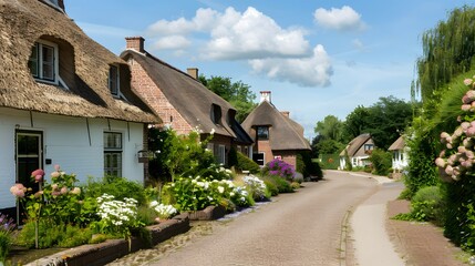 Idyllic country cottage thatched roof pretty summer gardens Cotswolds UK
