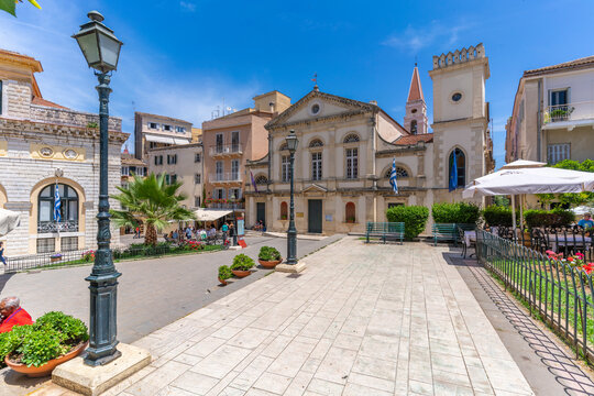 View of Church of Saints Jacob and Christopher in Dimarchiou Square, Corfu Town, Corfu, Ionian Sea, Greek Islands, Greece