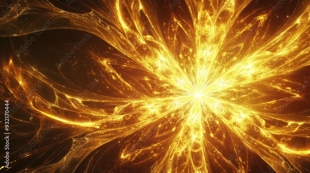 Poster abstract golden background featuring a fractal explosion star enhanced with glossy effects and intri