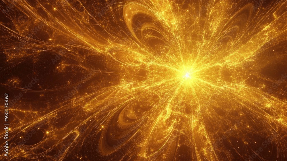 Poster abstract golden background featuring a fractal explosion star enhanced with glossy effects and intri