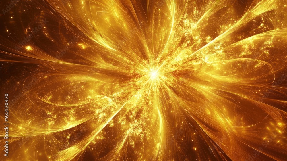 Poster abstract golden background featuring a fractal explosion star enhanced with glossy effects and intri