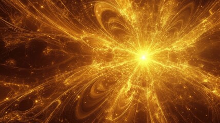 Abstract golden background featuring a fractal explosion star enhanced with glossy effects and intricate lines