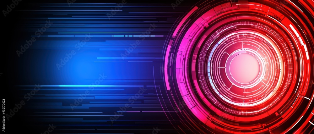 Poster dynamic digital background with vibrant red and blue circular patterns, perfect for technology and f