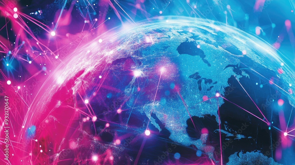 Poster abstract illustration depicting global connectivity with a focus on digital networks and interconnec