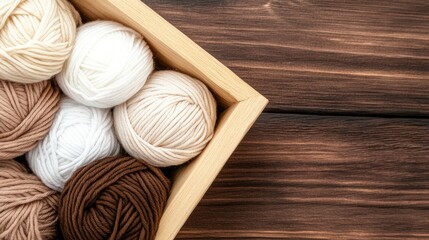 A wooden box contains soft yarn balls in beige, brown, and white, set against crocheted elements for creating pet accessories in a crafting area