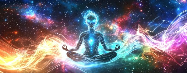 An ethereal AI figure in a meditative pose, surrounded by dynamic sound waves that pulse in a spectrum of celestial colors. The background features a galaxy with glowing stars. High resolution 8K