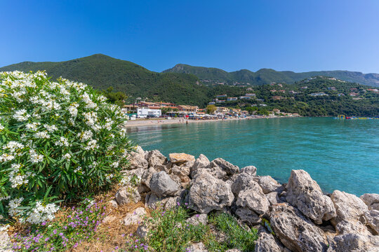 View of Ionian Sea and Ipsos Beach at Ipsos, Ipsos, Corfu, Ionian Sea, Greek Islands, Greece