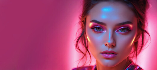 Beautiful female young model with vibrant glow makeup, skin care concept