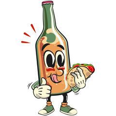 bottle beer cartoon character retro vector design carrying a taco while giving a thumbs up, work of hand drawn