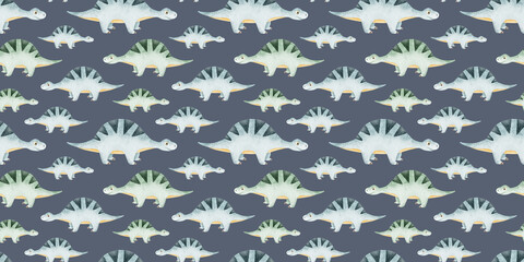 Herd of Cute blue sauropod dinosaurs. Childish background with dinos. Watercolor seamless patterns for design kid's rooms, scrapbook, clothes, textile © Fedulova_art