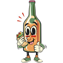 bottle beer cartoon character retro vector design carrying a burritos while giving a thumbs up, work of hand drawn