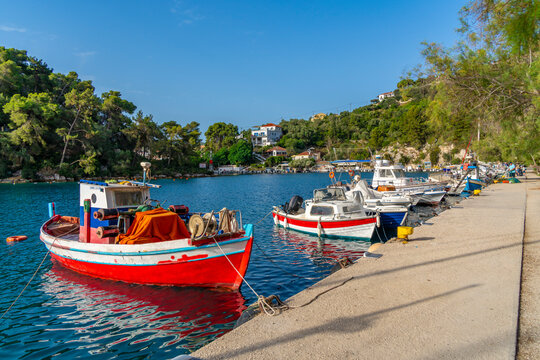 View of boats in the harbour in Gaios Town, Paxos, Ionian Sea, Greek Islands, Greece