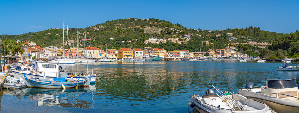 View of boats in the harbour in Gaios Town, Paxos, Ionian Sea, Greek Islands, Greece