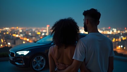 A man and a woman posing for a photo against the backdrop of a stylish car. A modern and elegant scene, perfect for showcasing both the individuals and the vehicle, creating a professional image