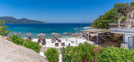 View of beach bar and sea in Thassos Town, Thassos, Aegean Sea, Greek Islands, Greece