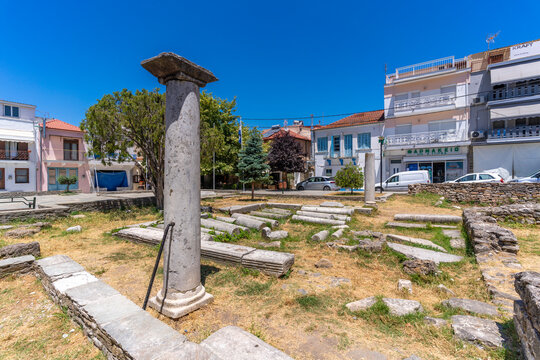 View of Memorial Square in Thassos Town, Thassos, Aegean Sea, Greek Islands, Greece