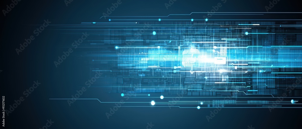 Poster futuristic abstract technology background with blue light patterns and lines, ideal for digital art 