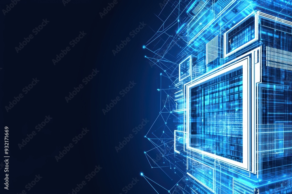 Poster futuristic abstract technology background with vibrant blue lines and digital patterns, ideal for te