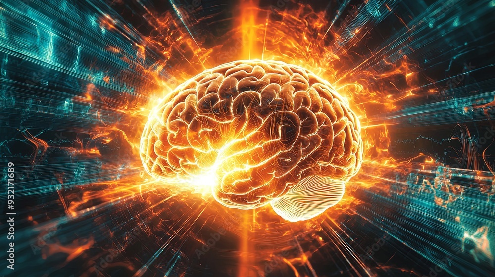 Wall mural a high-resolution graphic of a brain with radiant sound wave patterns and cosmic energy fields, feat