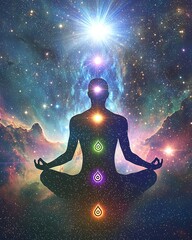 Naklejka premium A visually striking illustration of a meditating figure with alpha waves cascading over glowing chakra points, set against a cosmic field of bright stars and nebulae. High resolution 8K