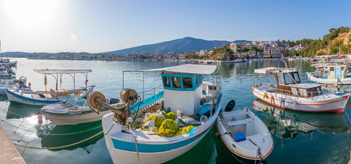 View of boats in the harbour in Limenaria village, Limenaria, Thassos, Aegean Sea, Greek Islands, Greece