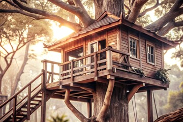 A beautifully lit treehouse with a wooden staircase, bathed in golden sunlight, capturing the essence of a peaceful retreat in a natural setting.