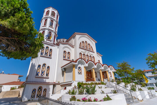 View of Holy Ortodox Church of the Assumption, Potos, Thassos, Aegean Sea, Greek Islands, Greece