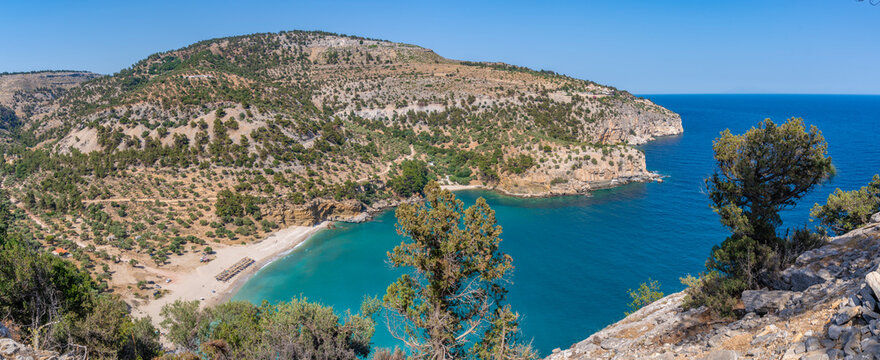 View of Livadi Beach and Holy Monastery of the Archangel Michael from Viewpoint Archangel Michael, Thasos, Thassos, Aegean Sea, Greek Islands, Greece