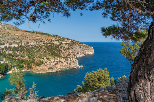 View of sea and Holy Monastery of the Archangel Michael from Viewpoint Archangel Michael, Thasos, Thassos, Aegean Sea, Greek Islands, Greece