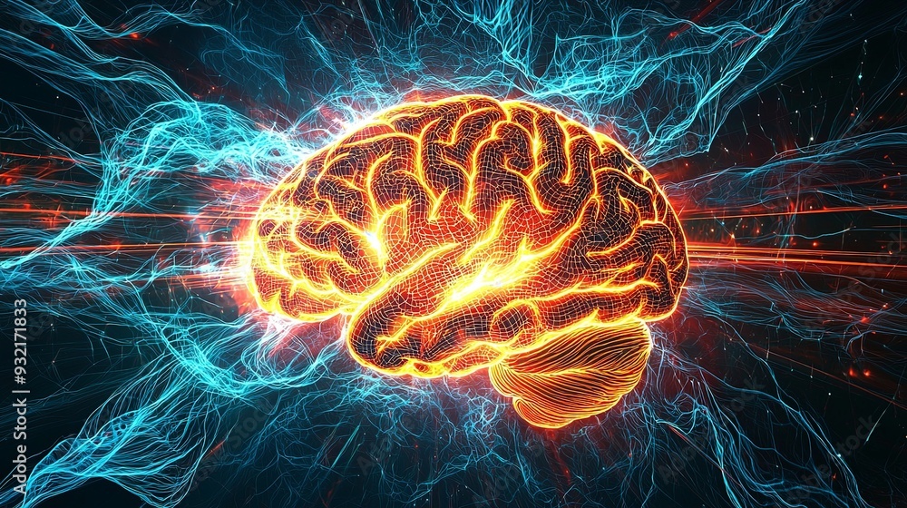 Wall mural a high-resolution graphic of a brain with radiant sound wave patterns and cosmic energy fields, feat