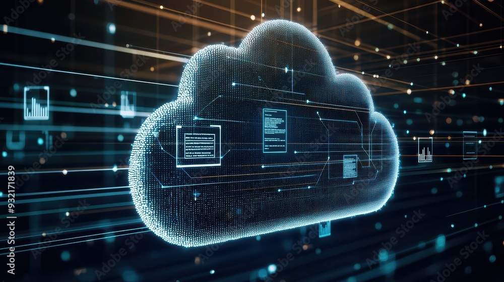 Poster futuristic cloud symbol with data streams, representing digital storage and connectivity in technolo