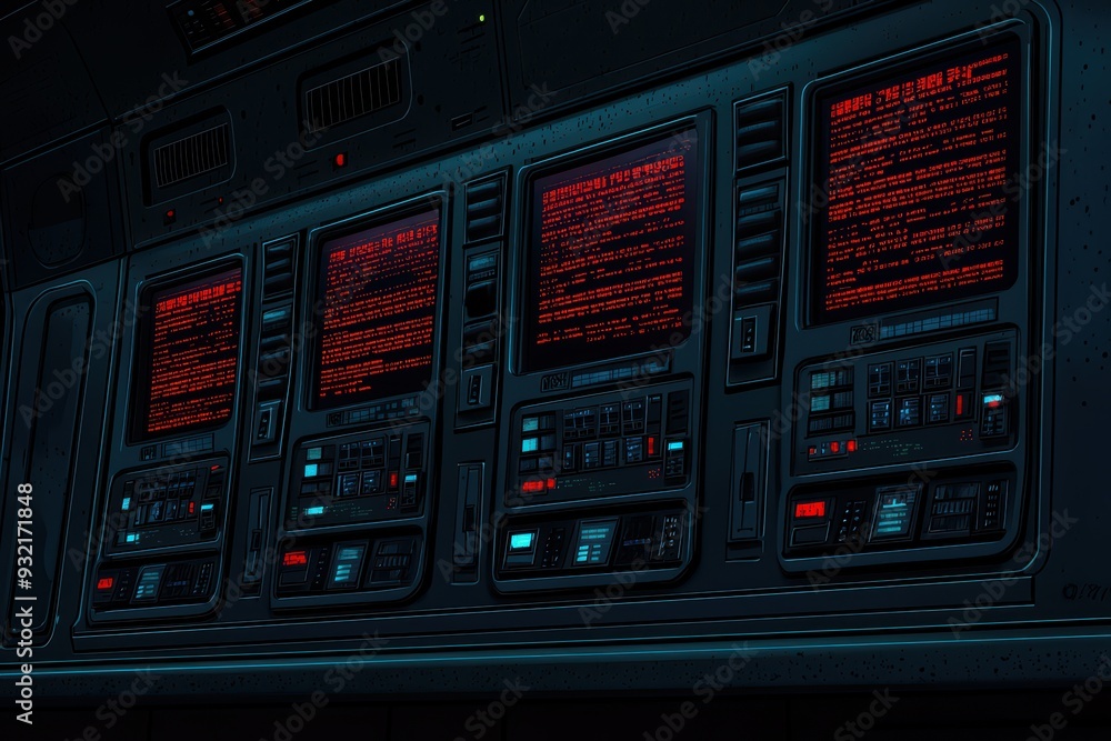 Poster futuristic control panel featuring glowing red text and buttons in a sci-fi environment, perfect for