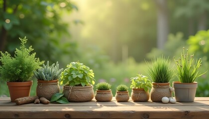 Fototapeta premium Green plants in pots surrounded by wooden elements. A natural and elegant scene combining lush greenery with the warm, rustic look of wood.
