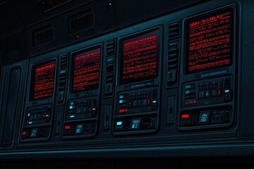 Futuristic control panel featuring glowing red text and buttons in a sci-fi environment, perfect for technology and space themes.
