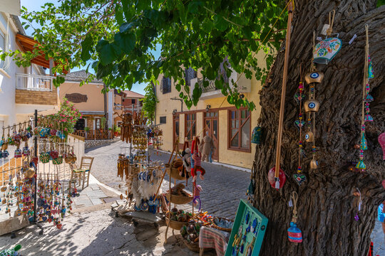 View of souvenir shop in Theologos, Theologos, Thassos, Aegean Sea, Greek Islands, Greece