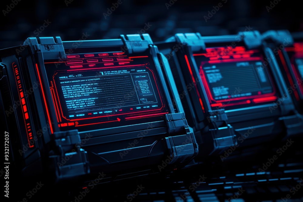 Poster futuristic data containers with glowing interfaces highlight advanced technology in a sleek, modern 