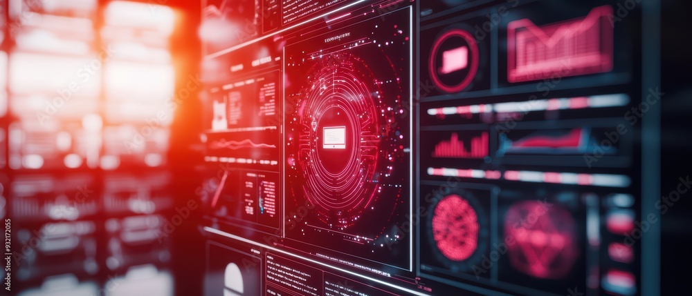 Poster futuristic data dashboard with graphical interfaces and vibrant visuals, showcasing analytics, stati