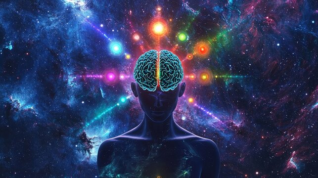 A compelling graphic of a figure’s brain emitting alpha waves that stimulate colorful chakra points, with a cosmic background of deep blues and purples. High resolution 8K