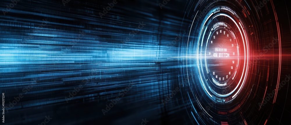 Poster futuristic digital background with vibrant blue and red lines creating a sense of movement and techn