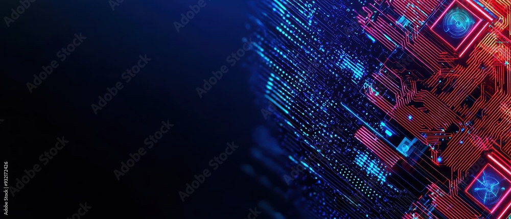 Poster futuristic digital landscape with vibrant colors, showcasing interconnected data points and circuits