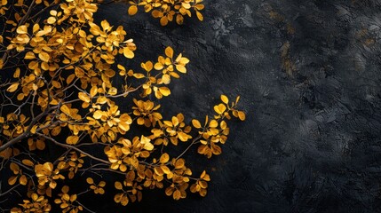 Conceptual autumn background with tree displaying yellow leaves against black backdrop