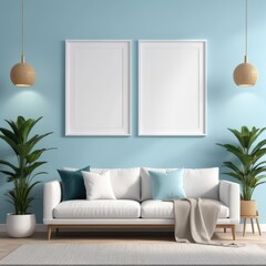 white poster frame close up in modern home interior with light blue colored walls, wall mockup, 3d rendering